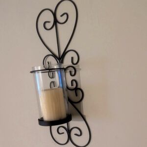 Vintage Set of 2 wall mount candle holders. Metal, glass, and candles included.